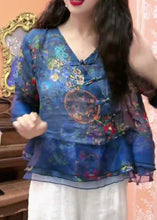 Load image into Gallery viewer, Chic Blue Button Print Tulle Patchwork Blouses Flare Sleeve