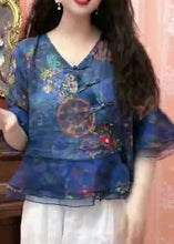 Load image into Gallery viewer, Chic Blue Button Print Tulle Patchwork Blouses Flare Sleeve