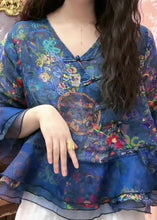 Load image into Gallery viewer, Chic Blue Button Print Tulle Patchwork Blouses Flare Sleeve