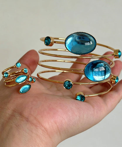 Chic Blue Copper Alloy Gem Stone Spiral Cuff And Rings Two-Piece Set