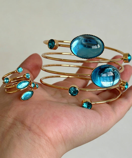 Chic Blue Copper Alloy Gem Stone Spiral Cuff And Rings Two-Piece Set