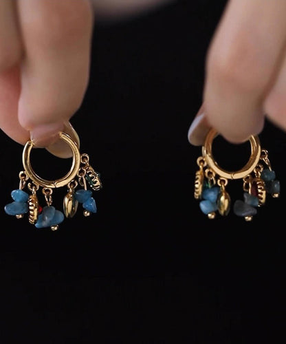 Chic Blue Copper Overgild Asymmetrical Natural Stone Hoop Earrings