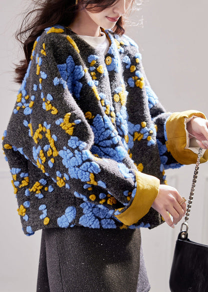 Chic Blue Embroidered Button Duck Down Woolen Coat Winte