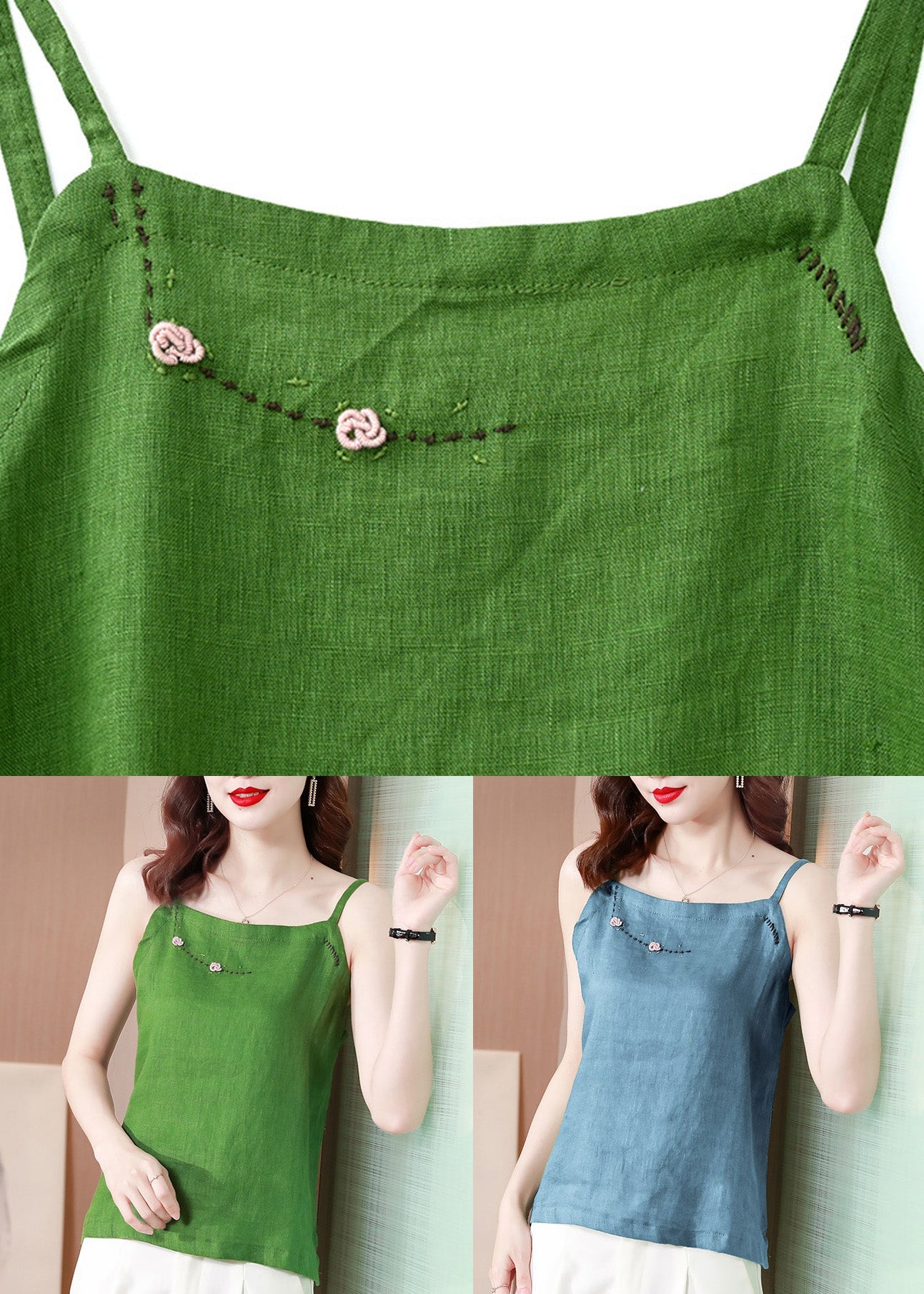 Chic Blue Embroideried Floral Tank Tops Summer