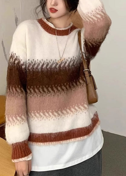 Chic Blue Gradient O Neck Thick Cozy Knit Sweaters Winter