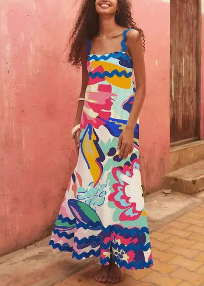 Chic Blue Graffiti Exra Large Hem Cotton Dress Summer