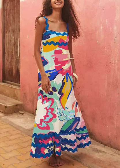 Chic Blue Graffiti Exra Large Hem Cotton Dress Summer