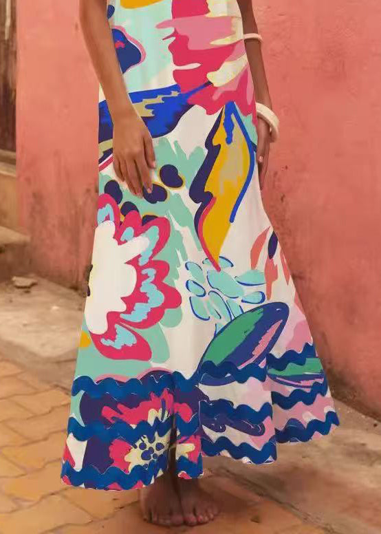 Chic Blue Graffiti Exra Large Hem Cotton Dress Summer