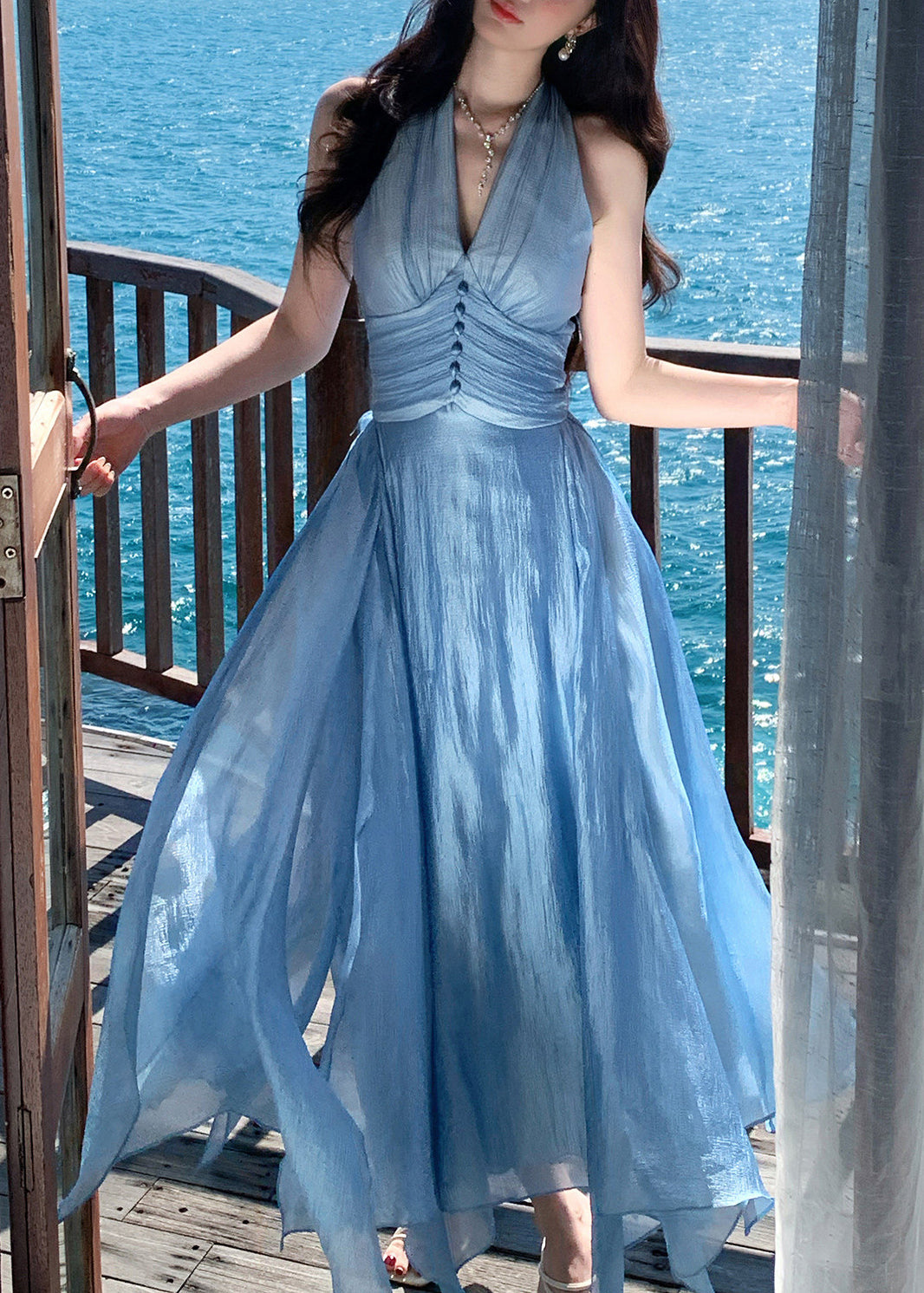 Chic Blue Halter Exra Large Hem Chiffon Maxi Dress Summer