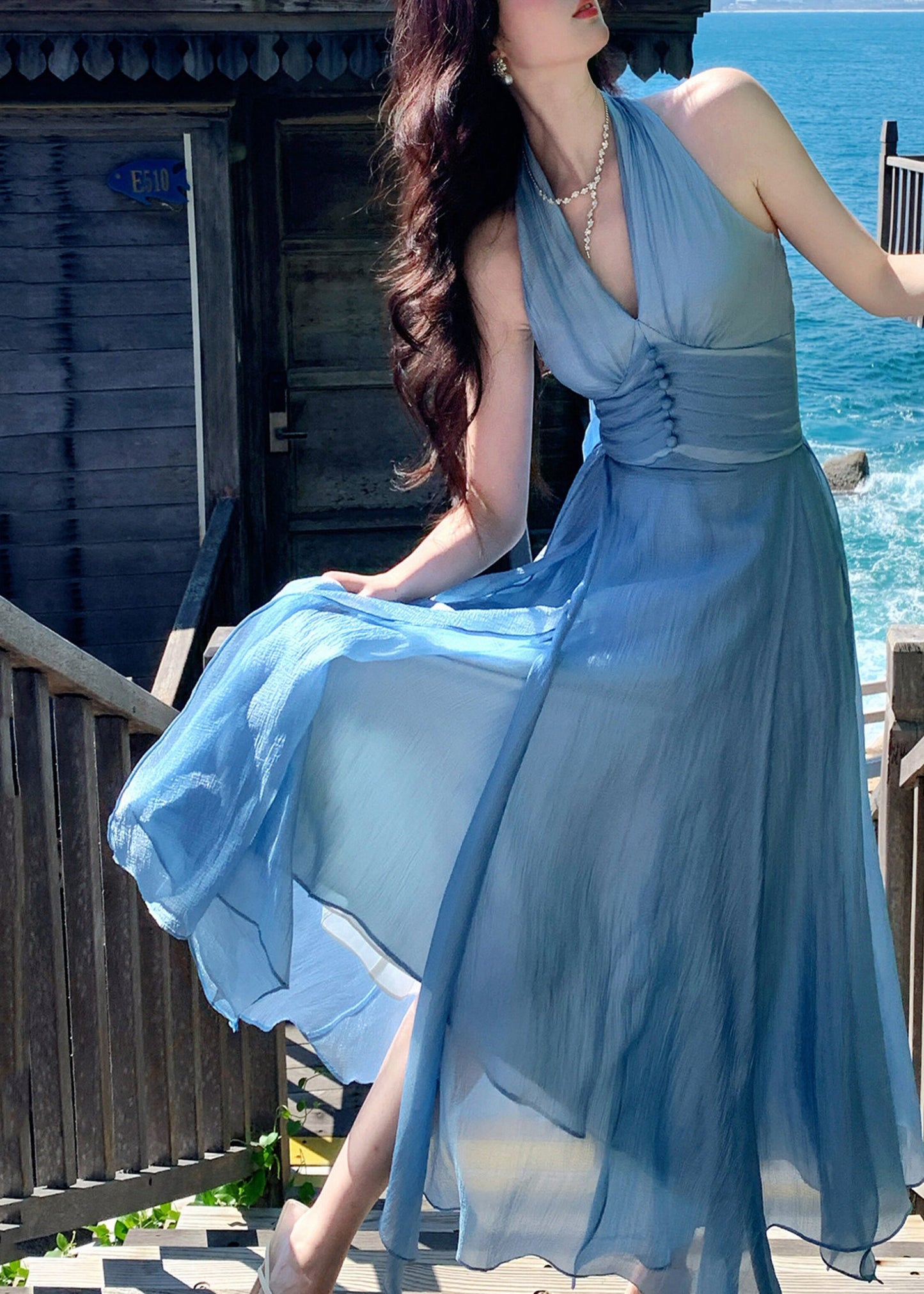 Chic Blue Halter Exra Large Hem Chiffon Maxi Dress Summer