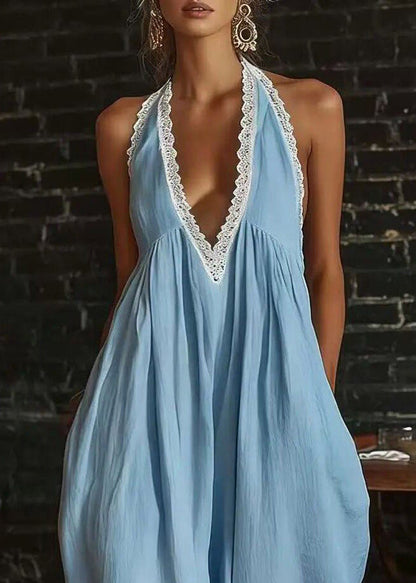 Chic Blue Halter Patchwork Lace Cotton Jumpsuit Summer