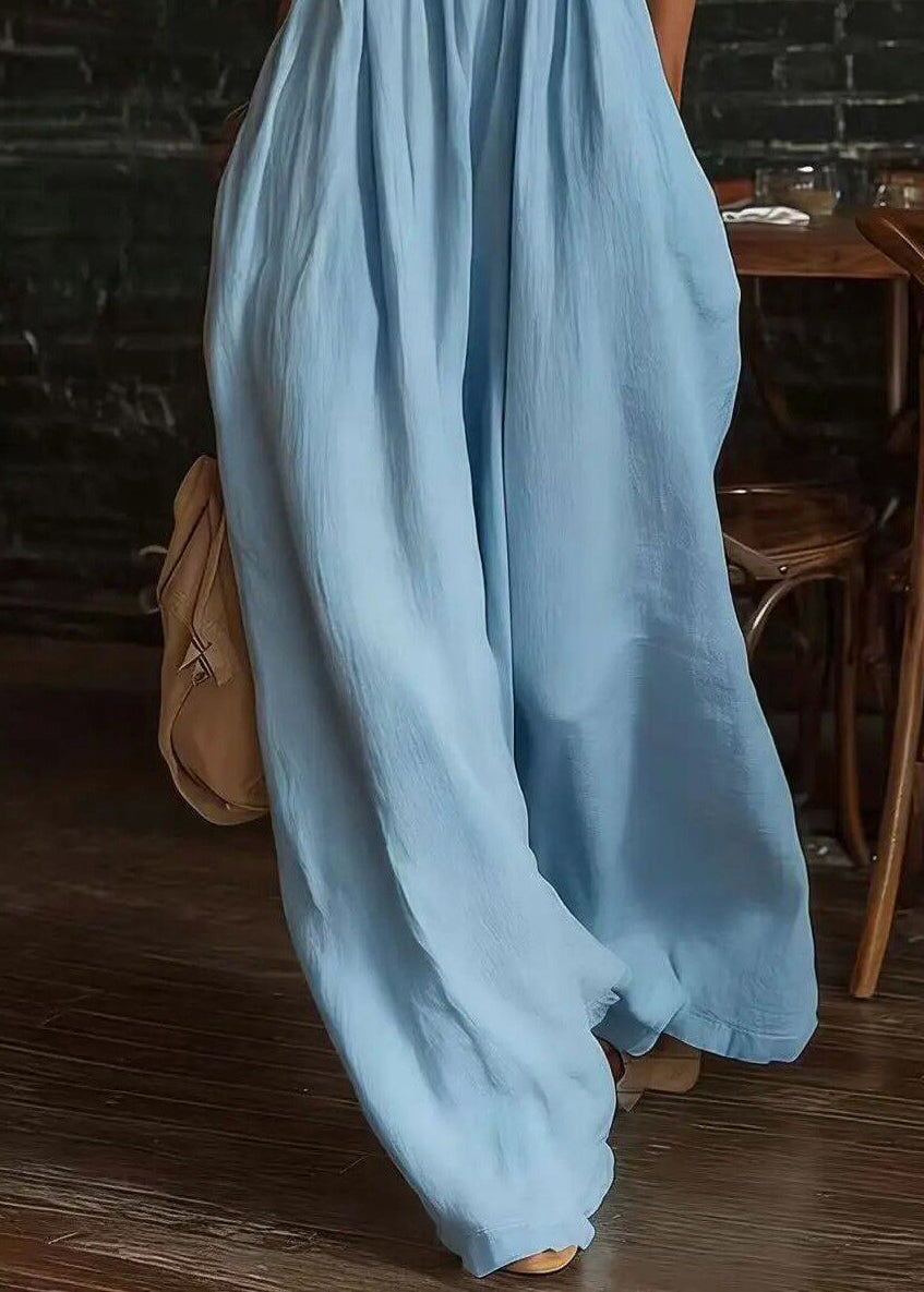 Chic Blue Halter Patchwork Lace Cotton Jumpsuit Summer
