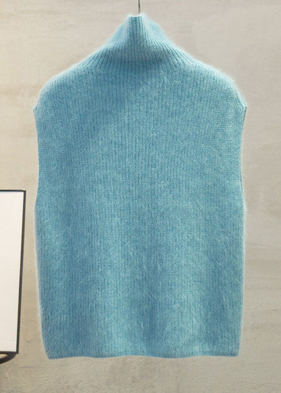 Chic Blue High Neck Warm Knit Vests Sleeveless