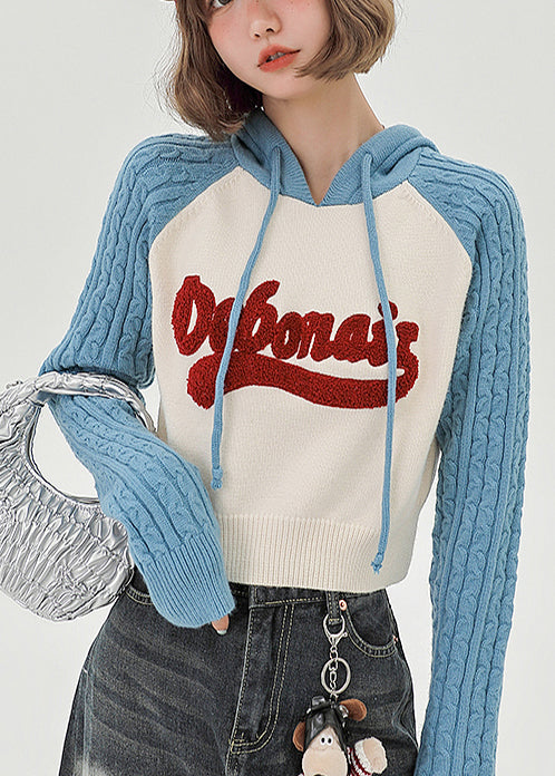 Chic Blue Hooded Patchwork Jacquard Knit Sweatshirts Top Spring