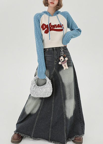 Chic Blue Hooded Patchwork Jacquard Knit Sweatshirts Top Spring