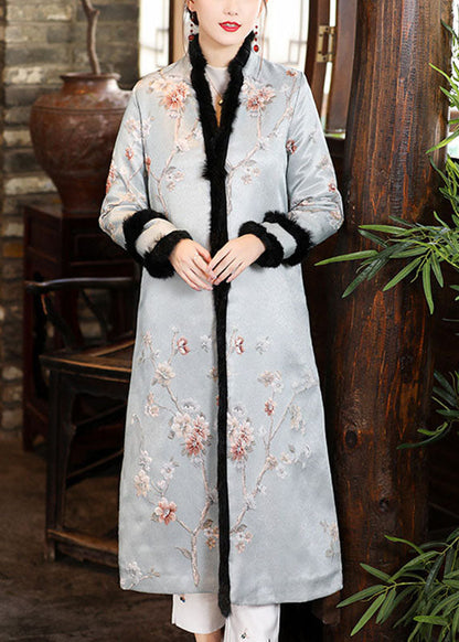 Chic Blue Jacquard Pockets Thick Winter Cotton Parkas Long sleeve