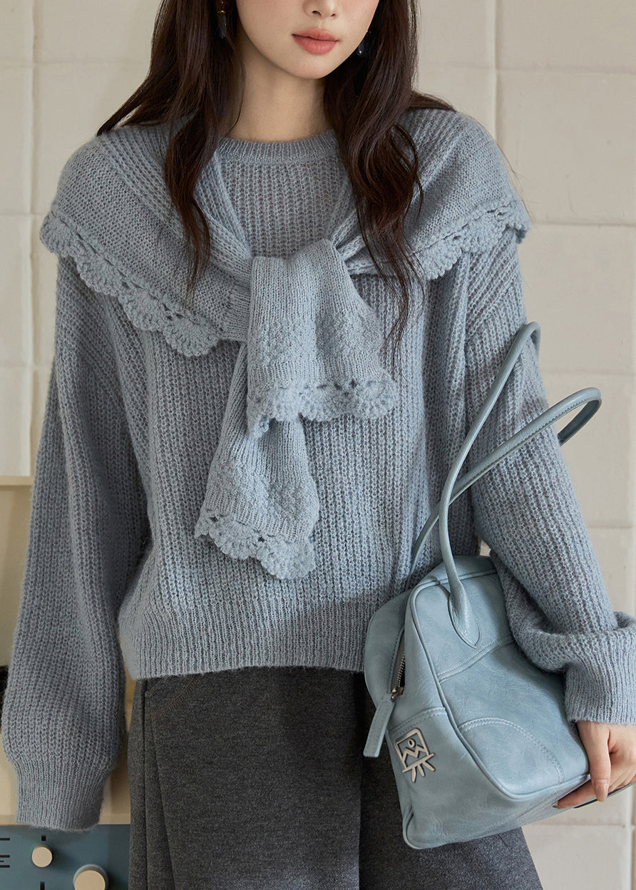 Chic Blue O-Neck Cotton Knit Sweaters And Shawl Two Pieces Set Lantern Sleeve