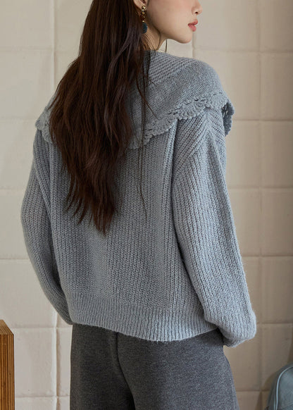 Chic Blue O-Neck Cotton Knit Sweaters And Shawl Two Pieces Set Lantern Sleeve