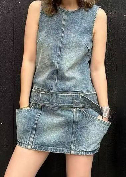 Chic Blue O-Neck Patchwork Sashes Denim Mid Dress Sleeveless
