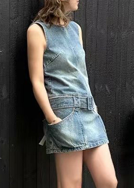 Chic Blue O-Neck Patchwork Sashes Denim Mid Dress Sleeveless
