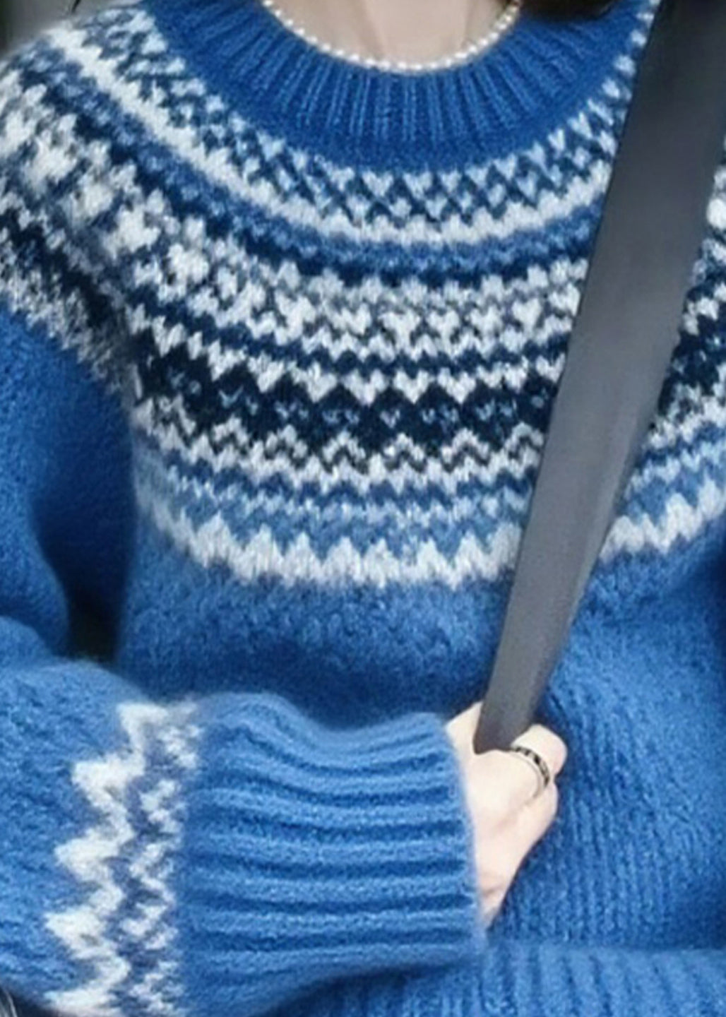 Chic Blue O-Neck Print Thick Cotton Knit Sweater Lantern Sleeve