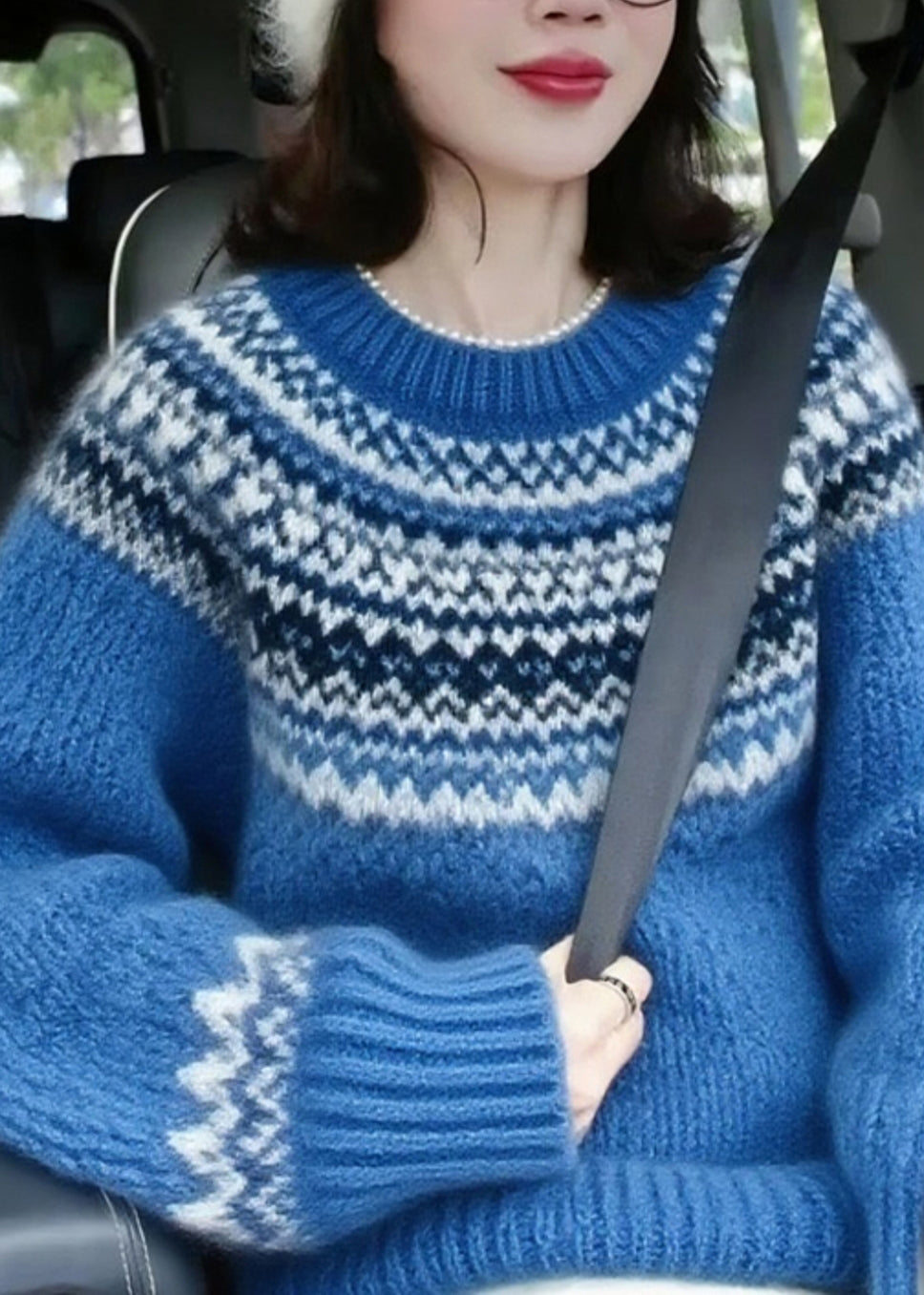 Chic Blue O-Neck Print Thick Cotton Knit Sweater Lantern Sleeve