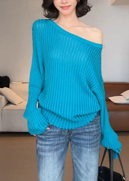 Chic Blue One Shoulder Striped Hollow Out Solid Cotton Knit Sweater Spring