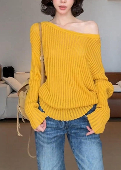 Chic Blue One Shoulder Striped Hollow Out Solid Cotton Knit Sweater Spring
