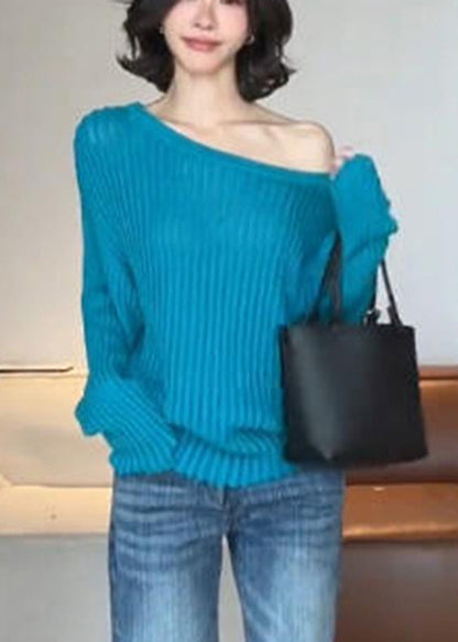 Chic Blue One Shoulder Striped Hollow Out Solid Cotton Knit Sweater Spring