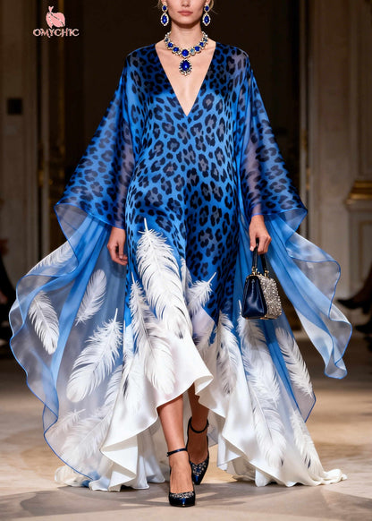 Chic Blue Oversized Leopard Print Exra Large Hem Silk Dress Summer