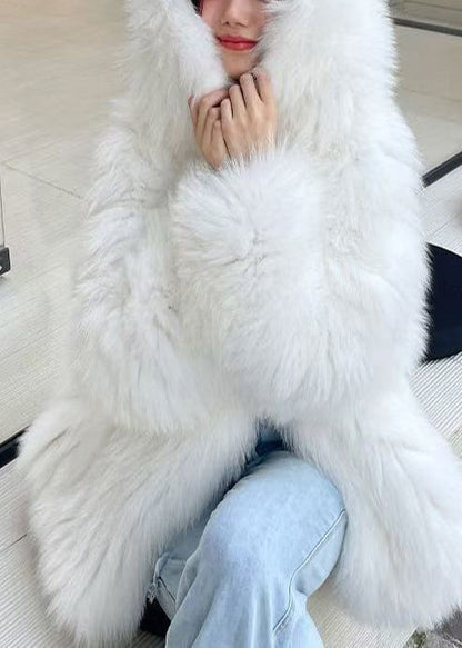 Chic Blue Oversized Warm Fox Fur Hoodie Coat Winter