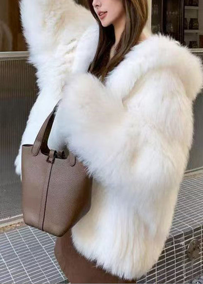 Chic Blue Oversized Warm Fox Fur Hoodie Coat Winter