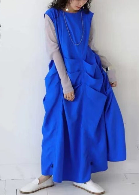 Chic Blue Oversized Wrinkled Cotton Vacation Dresses Sleeveless
