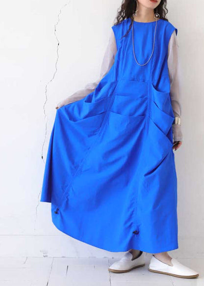 Chic Blue Oversized Wrinkled Cotton Vacation Dresses Sleeveless