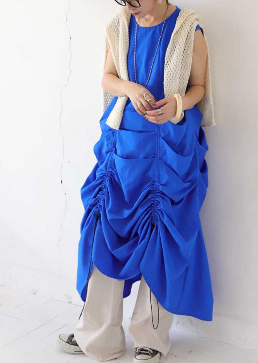 Chic Blue Oversized Wrinkled Cotton Vacation Dresses Sleeveless