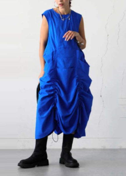 Chic Blue Oversized Wrinkled Cotton Vacation Dresses Sleeveless