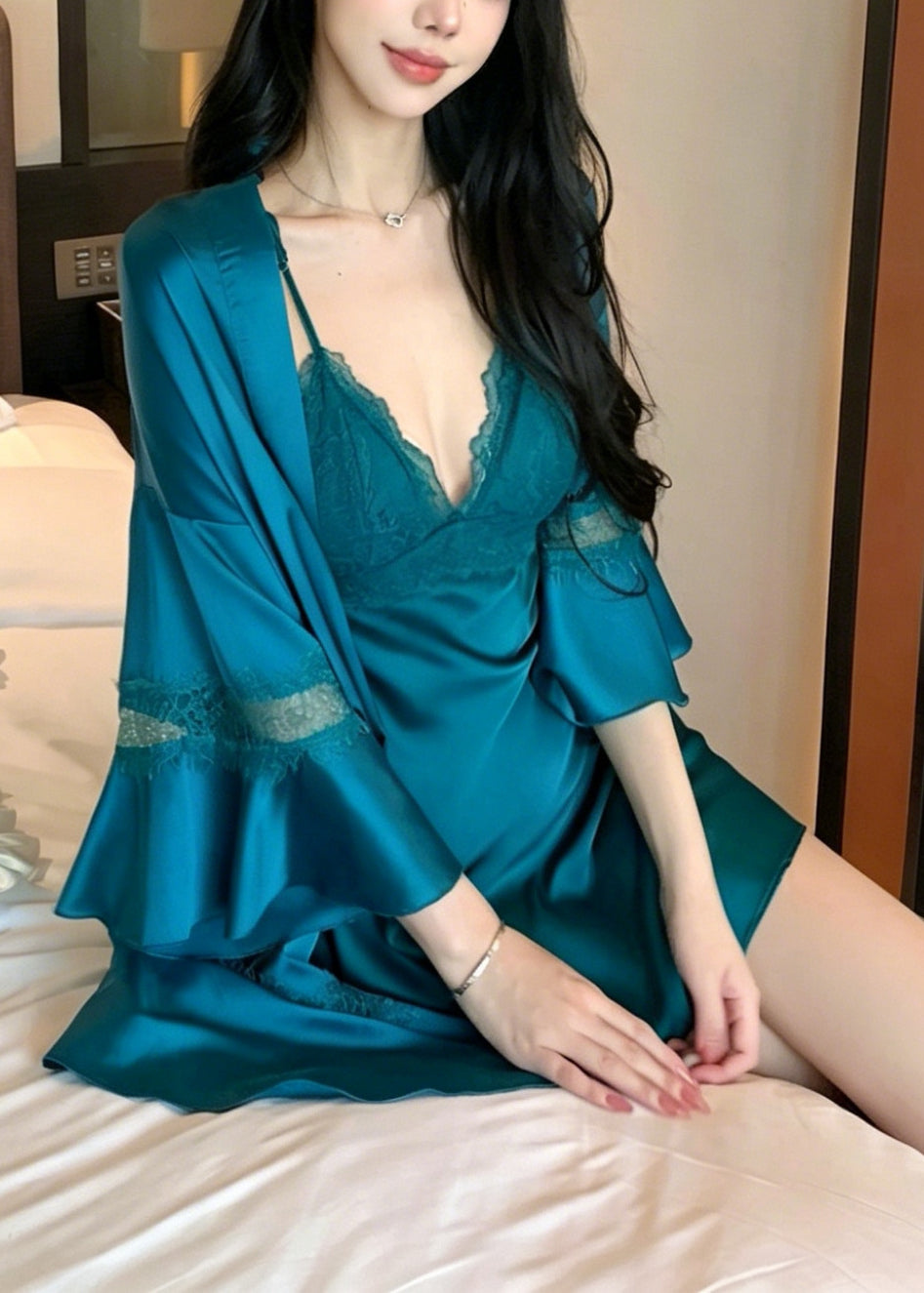 Chic Blue Patchwork Backless Ice Silk Pajama Set