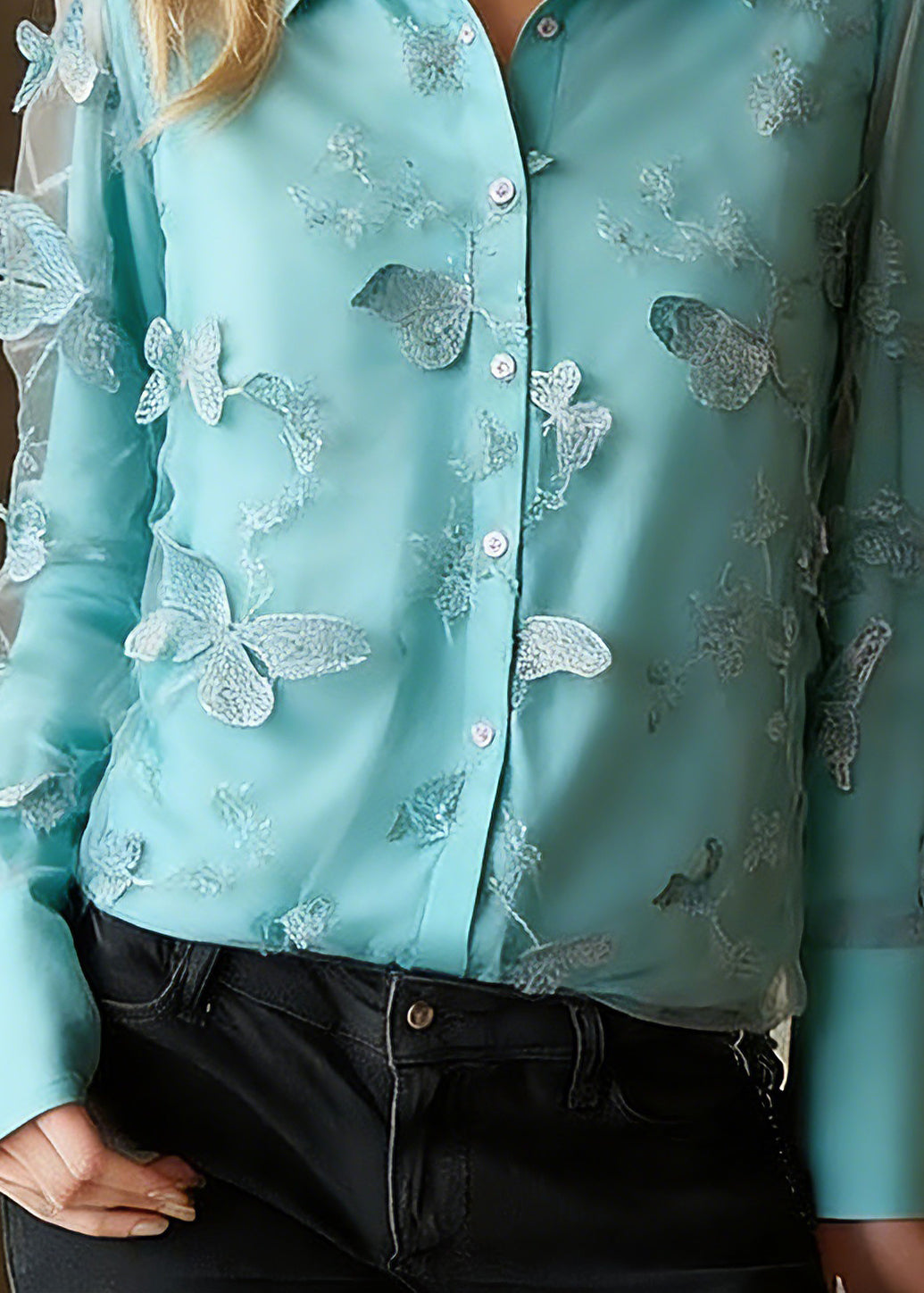 Chic Blue Peter Pan Collar Butterfly Tulle Shirts Spring