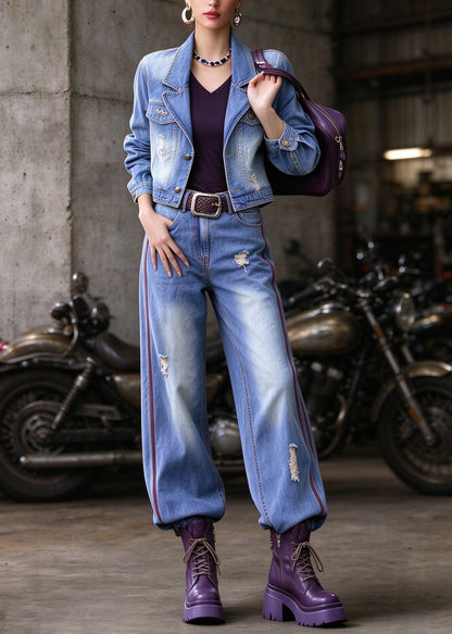 Chic Blue Peter Pan Collar Coat And Pants Denim Two Pieces Set Fall