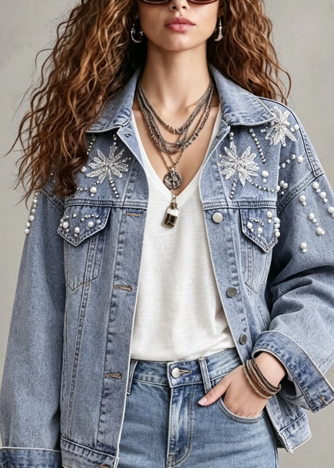 Chic Blue Peter Pan Collar Nail Bead Patchwork Denim Coats Fall