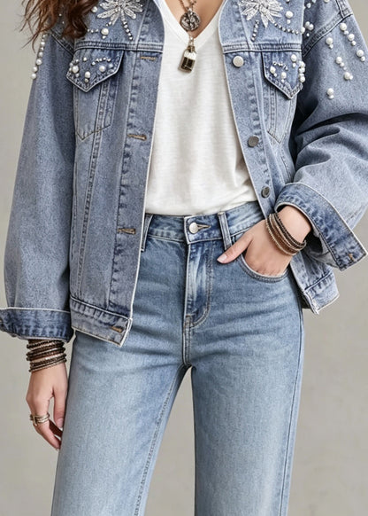 Chic Blue Peter Pan Collar Nail Bead Patchwork Denim Coats Fall