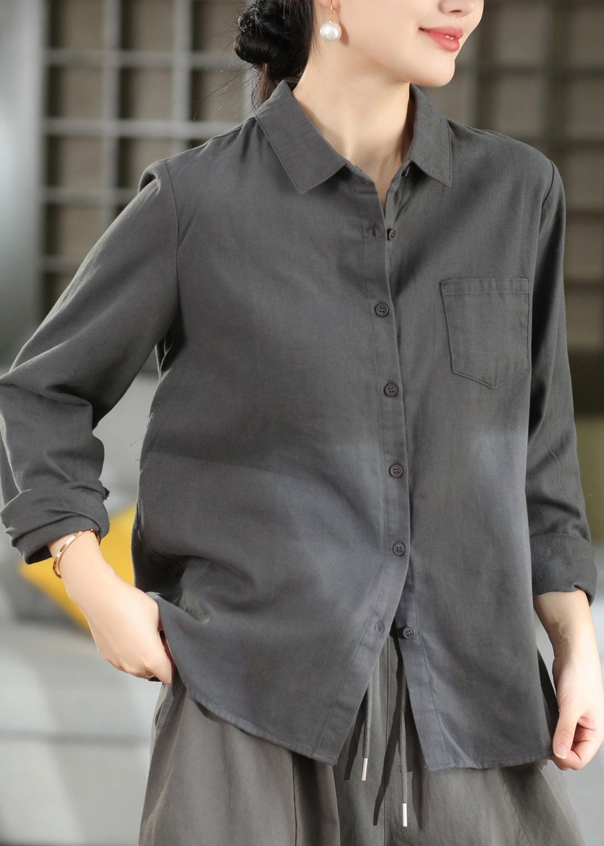 Chic Blue Peter Pan Collar Patchwork Cotton Shirt Top Fall