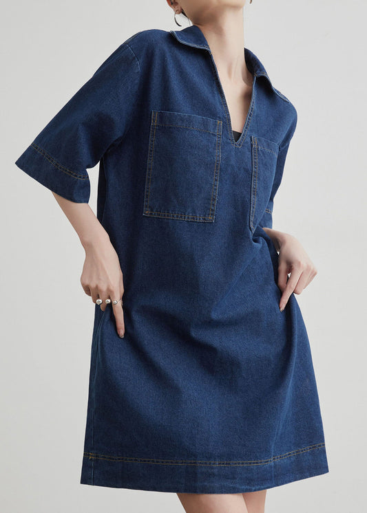 Chic Blue Peter Pan Collar Pockets Denim T Shirt Dresses Summer