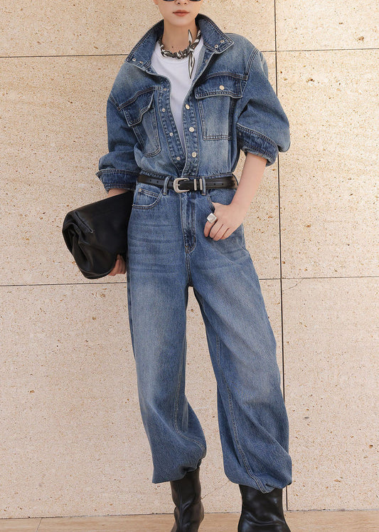 Chic Blue Peter Pan Collar Pockets Patchwork Denim Jumpsuit Fall