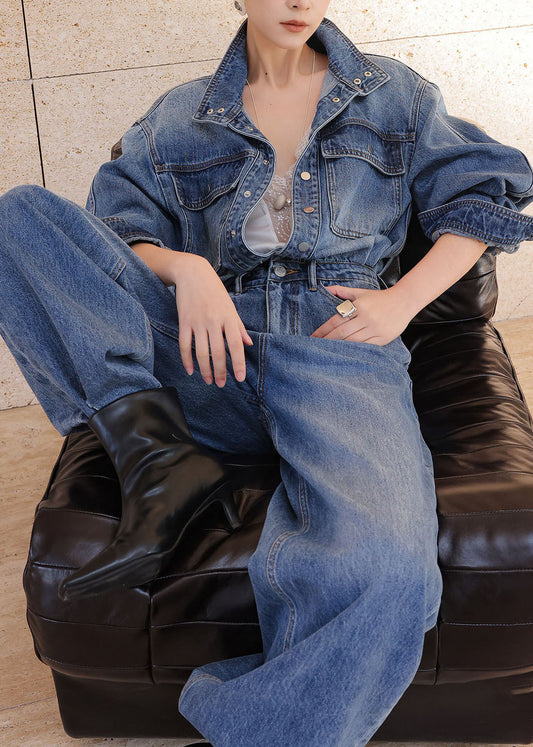 Chic Blue Peter Pan Collar Pockets Patchwork Denim Jumpsuit Fall