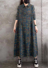 Load image into Gallery viewer, Chic Blue Peter Pan Collar Print Wrinkled Button Long Shirts Dress Spring