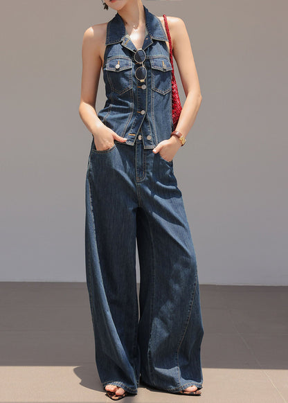 Chic Blue Peter Pan Collar Top And Pants Denim Two Pieces Set Sleeveless