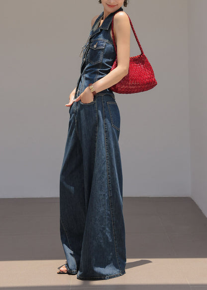 Chic Blue Peter Pan Collar Top And Pants Denim Two Pieces Set Sleeveless