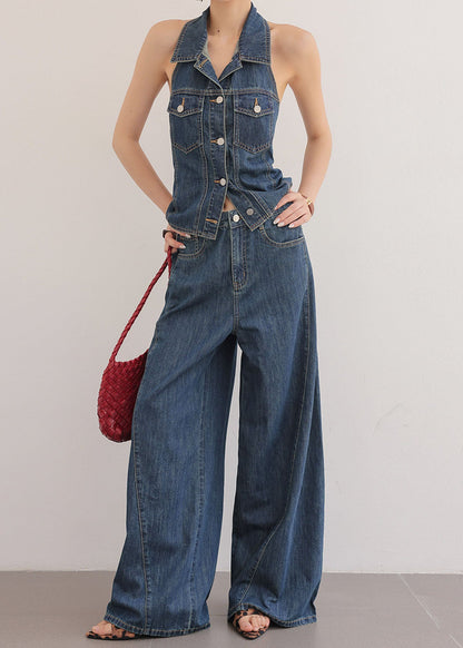 Chic Blue Peter Pan Collar Top And Pants Denim Two Pieces Set Sleeveless