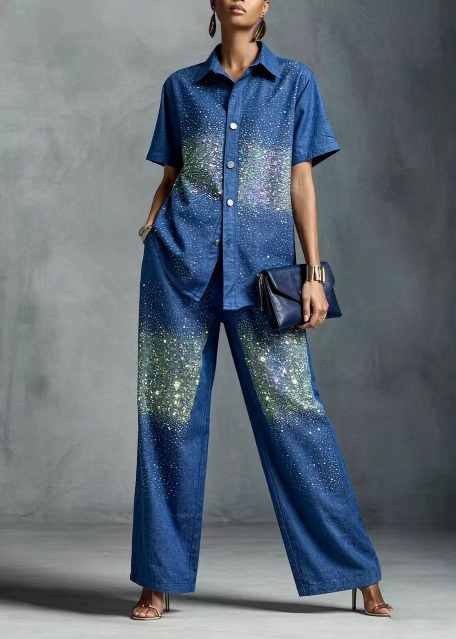 Chic Blue Peter Pan Collar Zircon Denim Two Pieces Set Summer